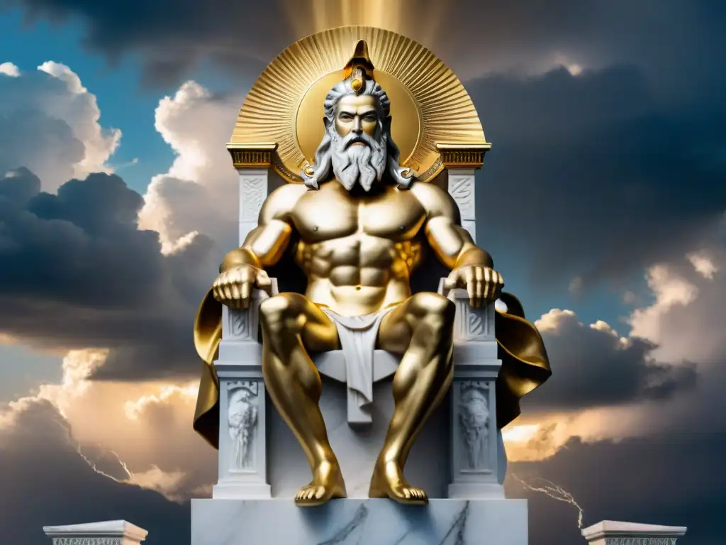 En la imagen, Zeus, rey de los dioses en la mitología griega, preside un trono majestuoso de oro y mármol, emanando poder y autoridad