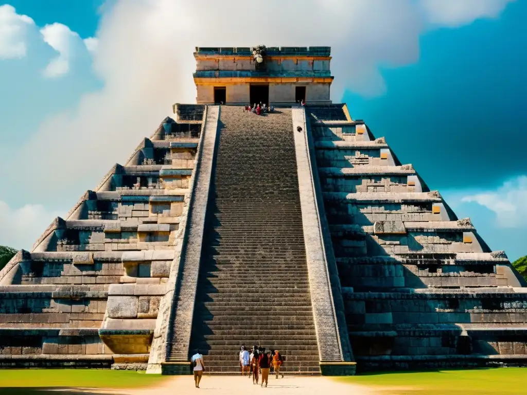 Imagen del Festival de Kukulkan serpiente emplumada en Chichén Itzá: pirámide, sombras de serpientes y detalles arquitectónicos mayas