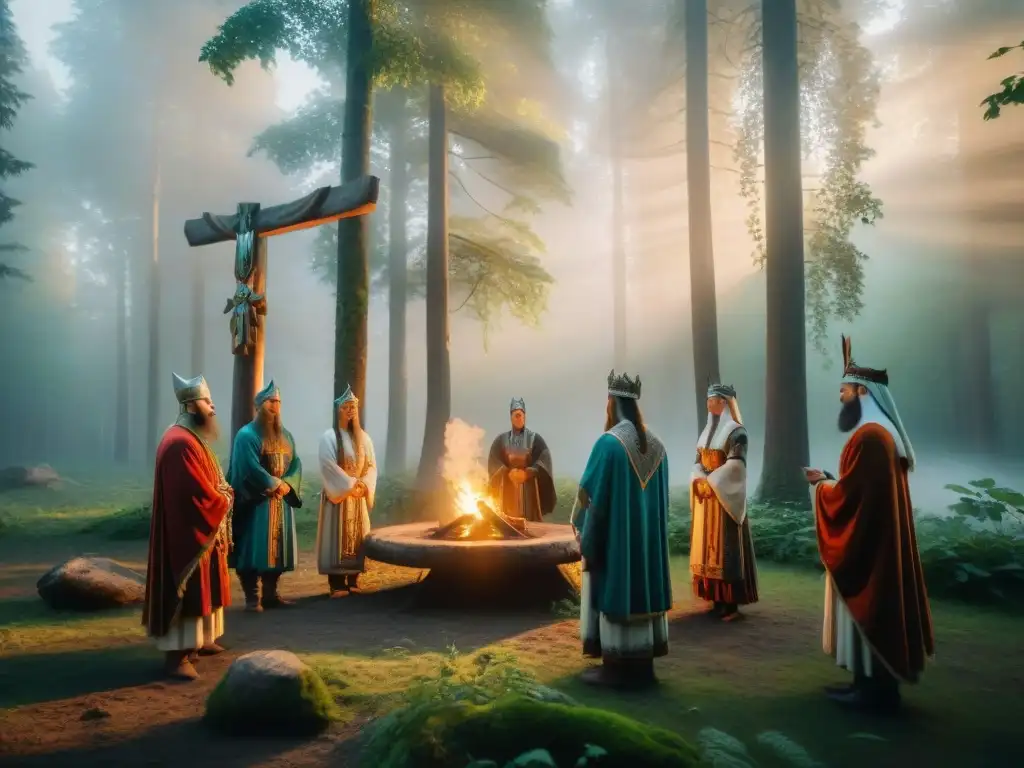 Ritual pagano eslavo en bosque místico En la imagen, un grupo de paganos eslavos realiza un ritual en un claro del bosque, iluminado por una luz mística
