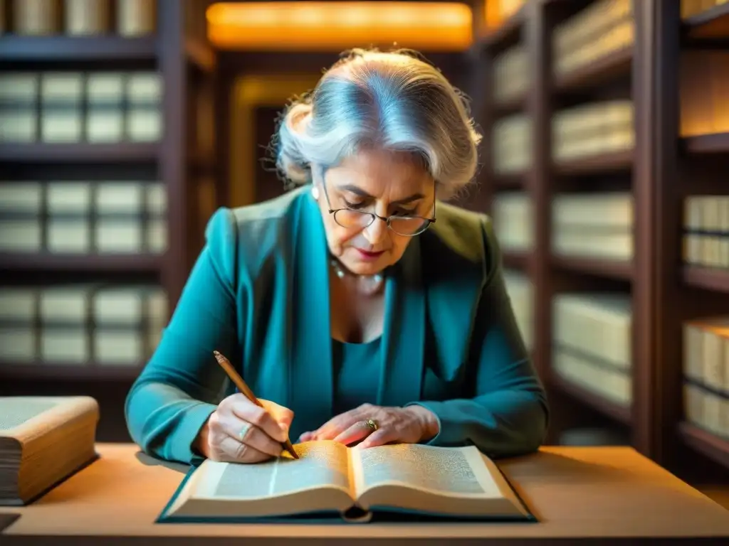 Imagen de Henrietta Szold restaurando un antiguo manuscrito judío con concentración en una sala de archivos