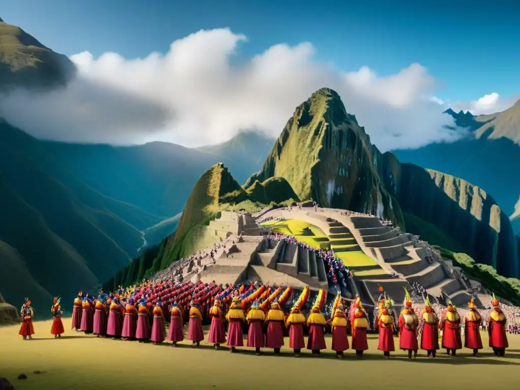 Una imagen impactante del Inti Raymi en el Imperio Inca, con coloridos trajes y danzas tradicionales bajo el solsticio