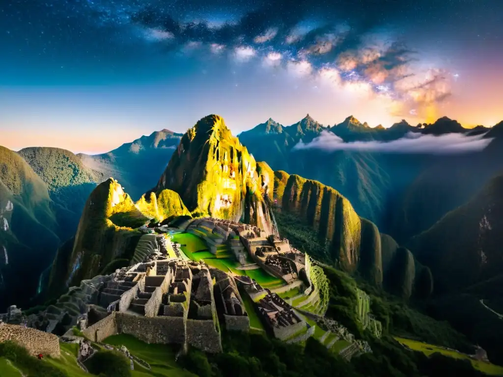 Machu Picchu: la Vía Láctea sobre las ruinas iluminadas en ritual Imagen impactante de Machu Picchu de noche, con los rituales de iniciación en civilizaciones