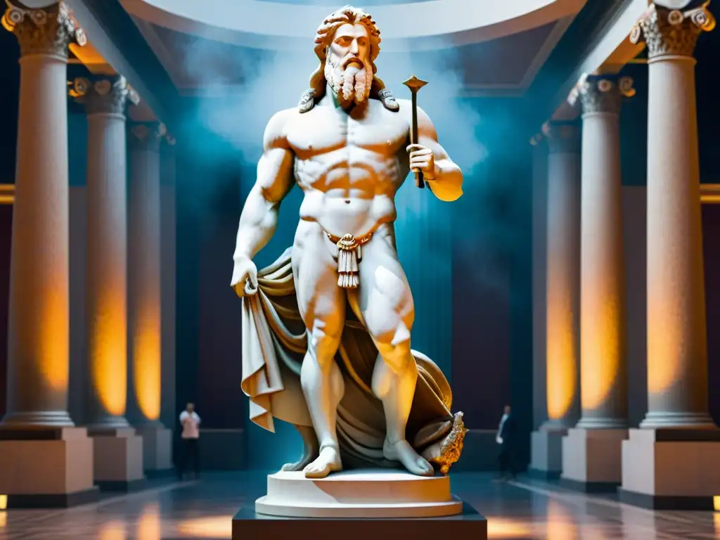 Una imagen imponente de la majestuosa Estatua de Zeus en Olimpia, mostrando detalles intrincados y poderosa presencia