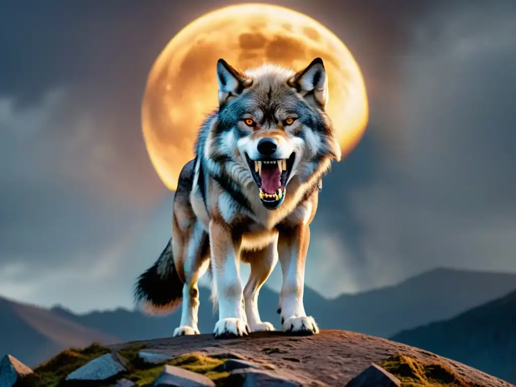 En la imagen, el imponente Lobo Fenrir de la Mitología Nórdica se alza ante un eclipse solar, emanando poder y misterio