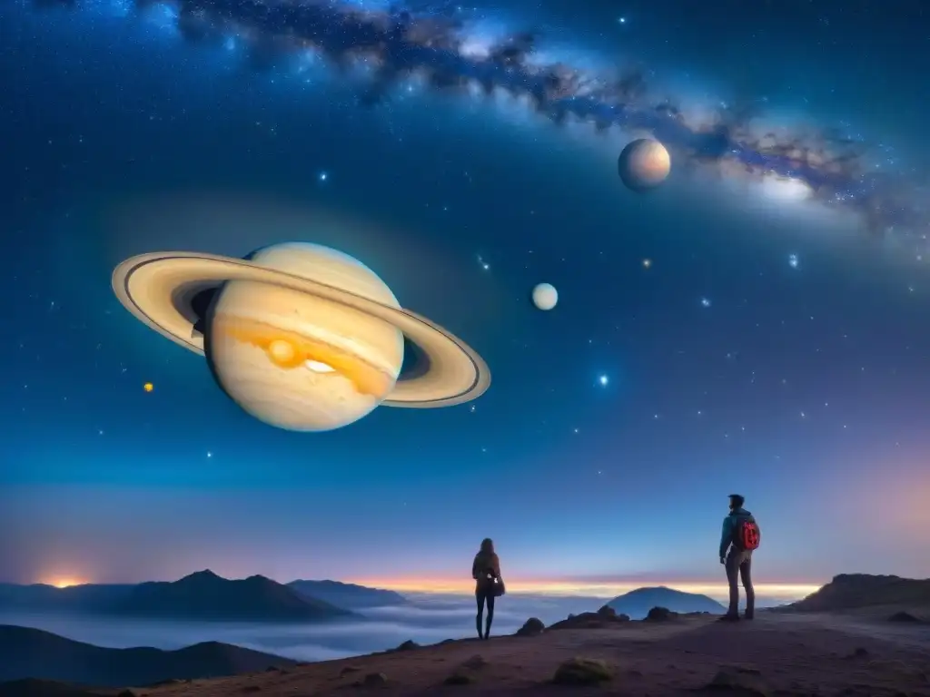 Imagen impresionante de Saturno y Júpiter como Guardianes del tiempo en mitología, destacando su belleza en la noche estrellada