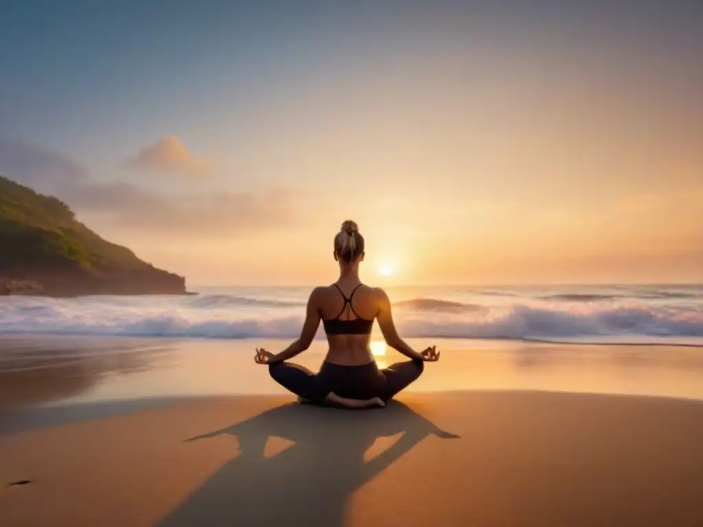 Una imagen inspiradora de un yogui practicando en la playa al amanecer, encarnando la filosofía del Yoga aplicación práctica