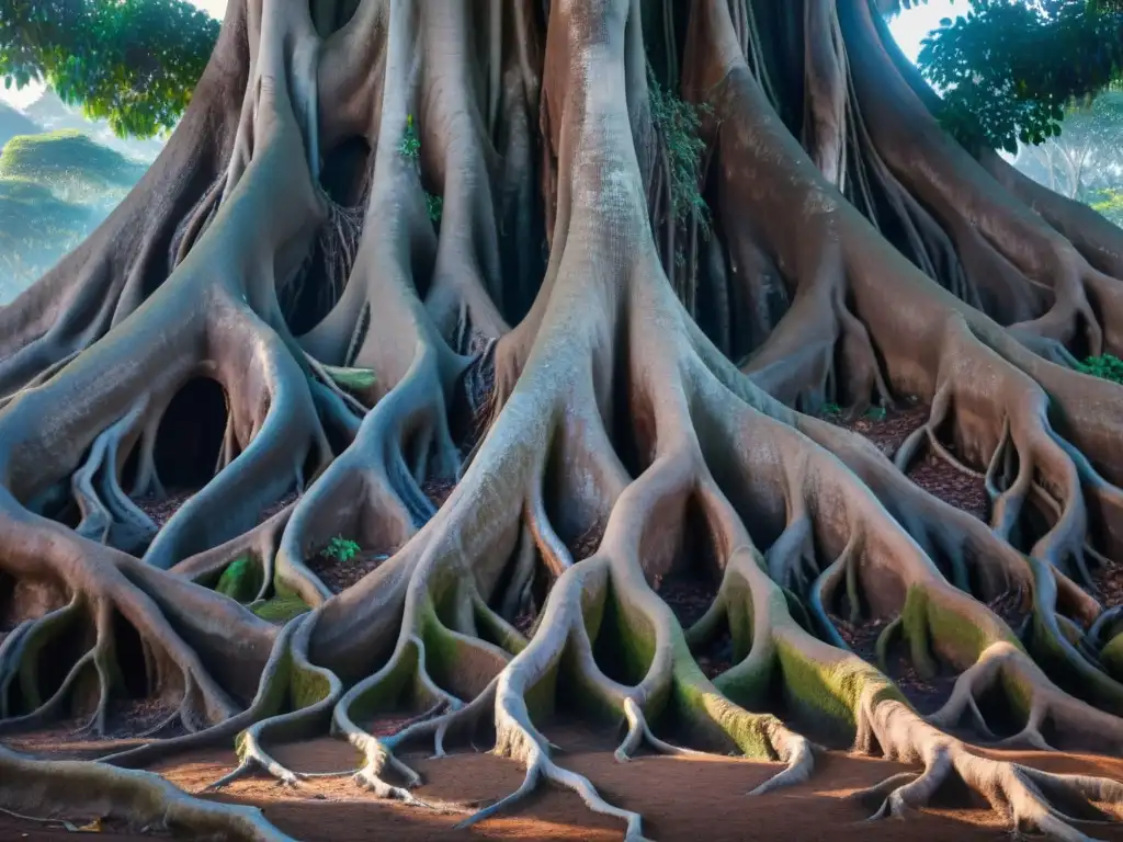 La imagen muestra las intrincadas raíces de un árbol Baniano en simbiosis con la tierra, destacando el significado del Árbol del Mundo