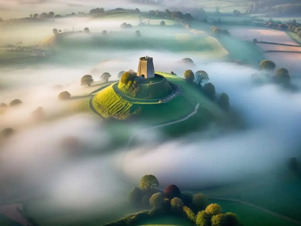 Imagen mística de Glastonbury Tor envuelto en la niebla matutina, con ruinas de la abadía y la ciudad al fondo