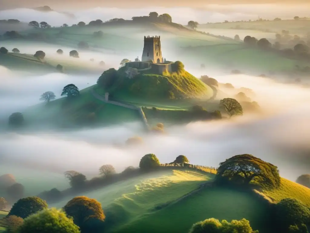 Imagen 8K del místico Glastonbury Tor envuelto en niebla, con la Torre de San Miguel en la cima