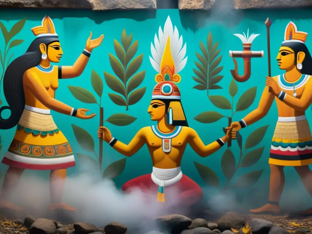 Imagen de mural mesoamericano vibrante en templo oculto, con escenas detalladas de rituales sagrados con pulque y tabaco