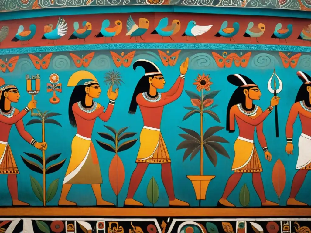 Imagen de mural precolombino que representa la dualidad entre el bien y el mal en vibrantes colores y patrones