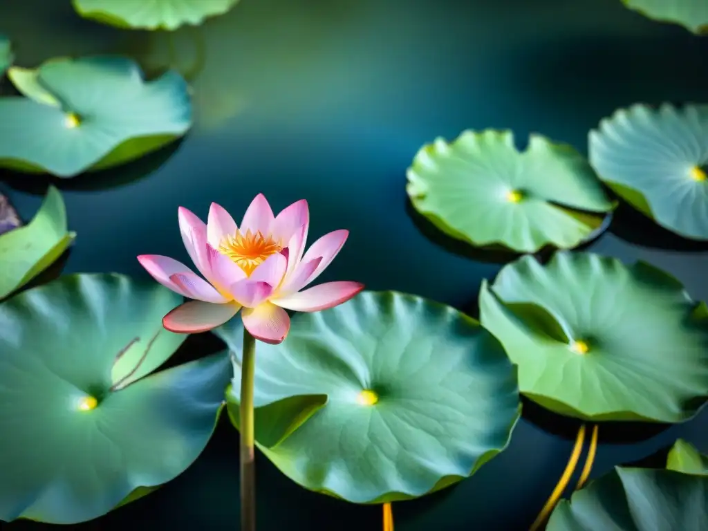 Imagen serena de un estanque con hojas verdes de loto flotando en el agua y una flor rosa en el centro