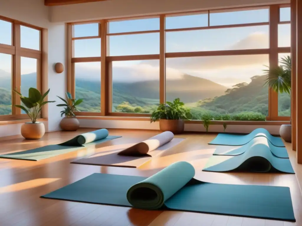 Una imagen serena de un estudio de yoga al amanecer, con luz natural iluminando a practicantes en poses variadas