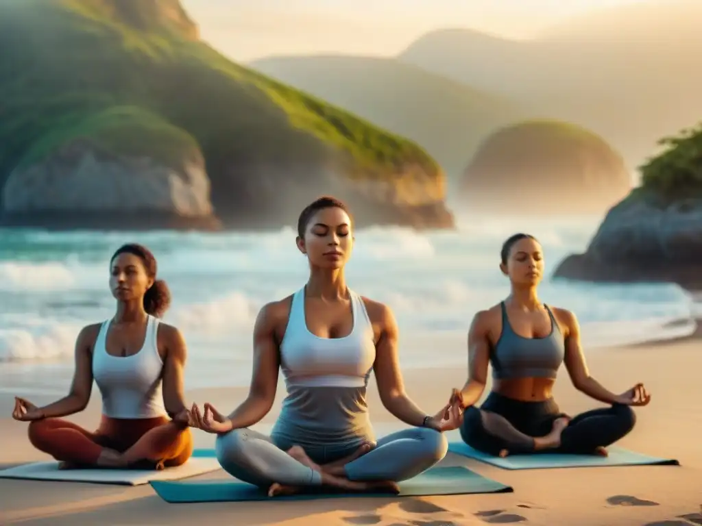 Una imagen serena y etérea de práctica de yoga al amanecer en la playa, transmitiendo tranquilidad y conexión espiritual