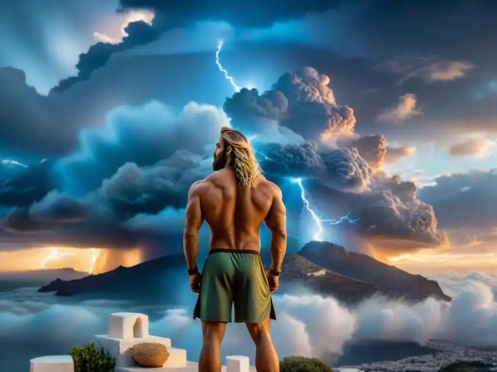 Impactante representación cinematográfica del dios griego Zeus en su trono, con rayos y tormenta, simbolizando su poder