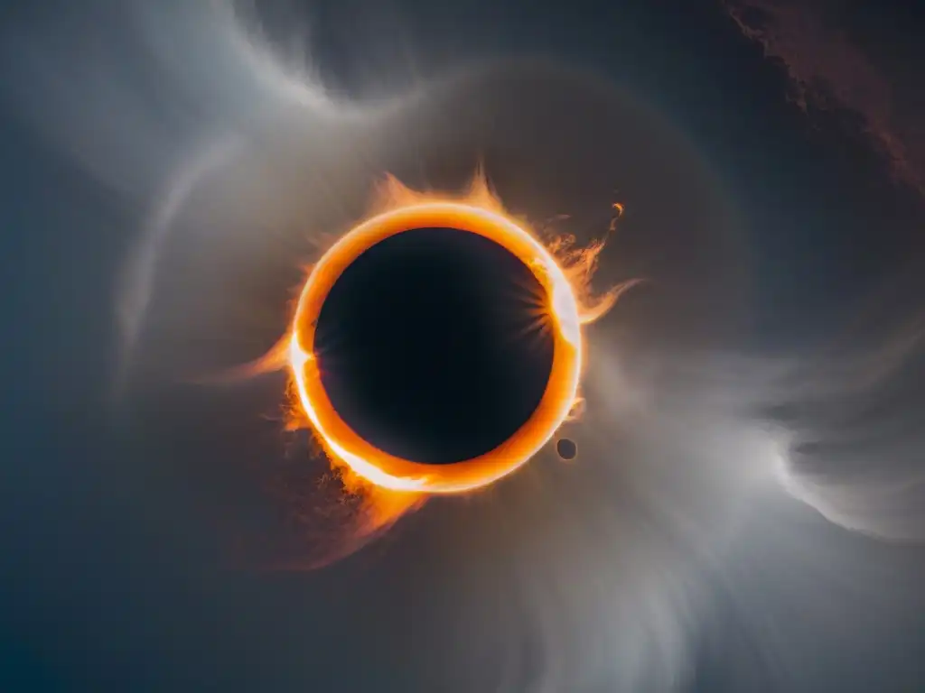 Impactante eclipse solar con corona de luz, destacando la alineación perfecta entre la luna y el sol