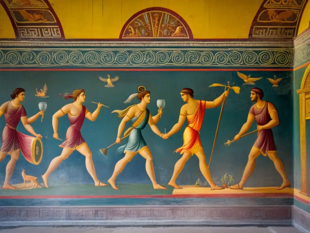 Impactantes pinturas murales en Pompeya, revelando escenas mitológicas y colores vibrantes