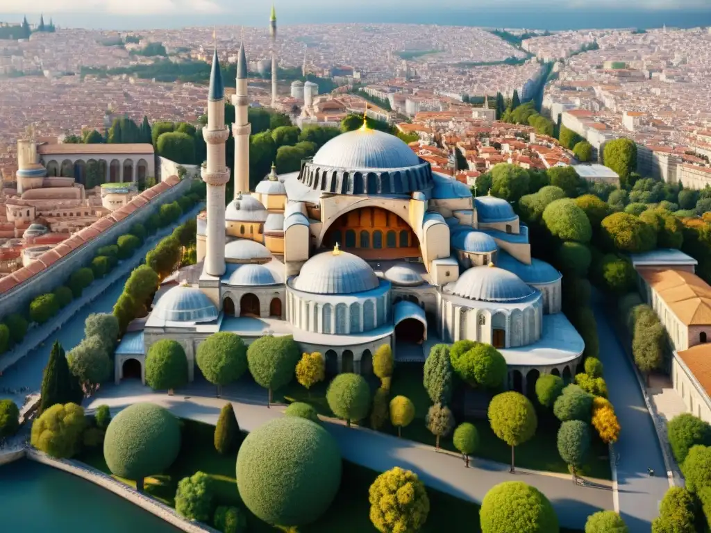 Hagia Sophia en la cúspide de Bizancio: panorámica digital ultra detallada Reconstrucción de Constantinopla Imperio Bizantino: Detalles majestuosos de Hagia Sophia y bulliciosa vida en la capital