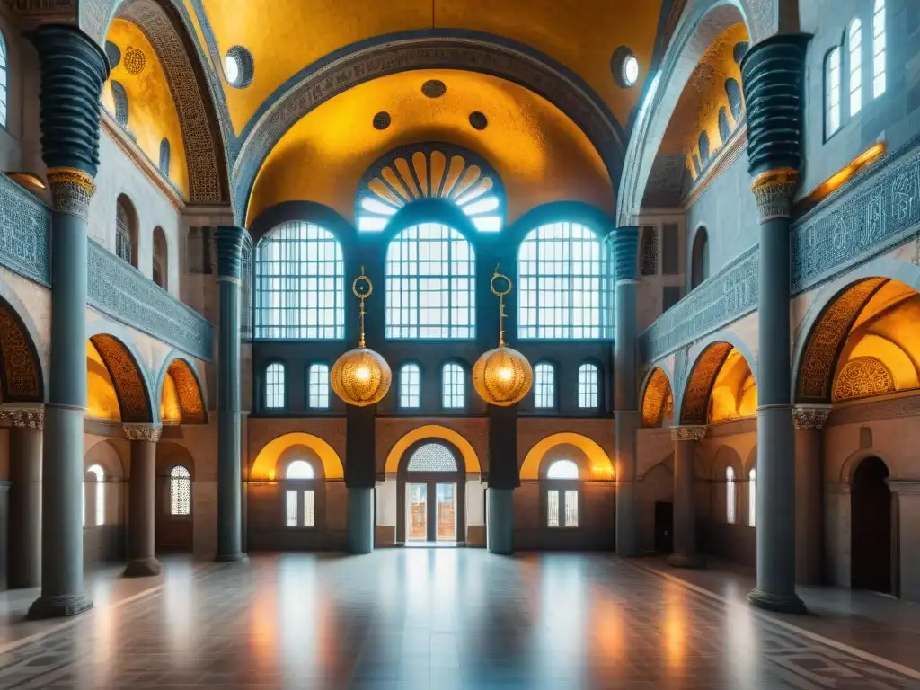 Hagia Sophia en Constantinopla: Arquitectura Bizantina en 8k Reconstrucción de Constantinopla Imperio Bizantino: Hagia Sophia con su arquitectura bizantina detallada y visitantes impresionados
