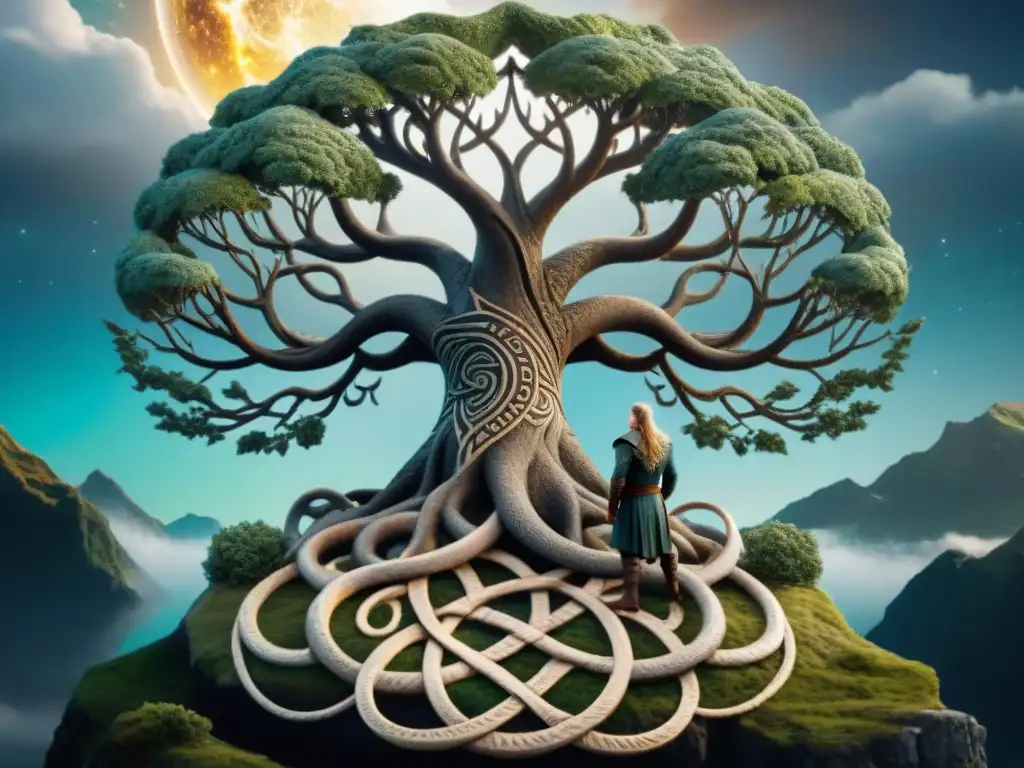 Imponente árbol Yggdrasil, eje cósmico de la cosmología vikinga y mitología estelar