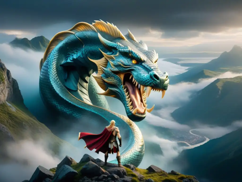 La imponente batalla entre Jörmungandr y Hércules, con montañas neblinosas al fondo