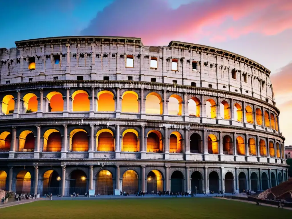 Imponente coliseo romano iluminado al atardecer, con aves volando sobre él