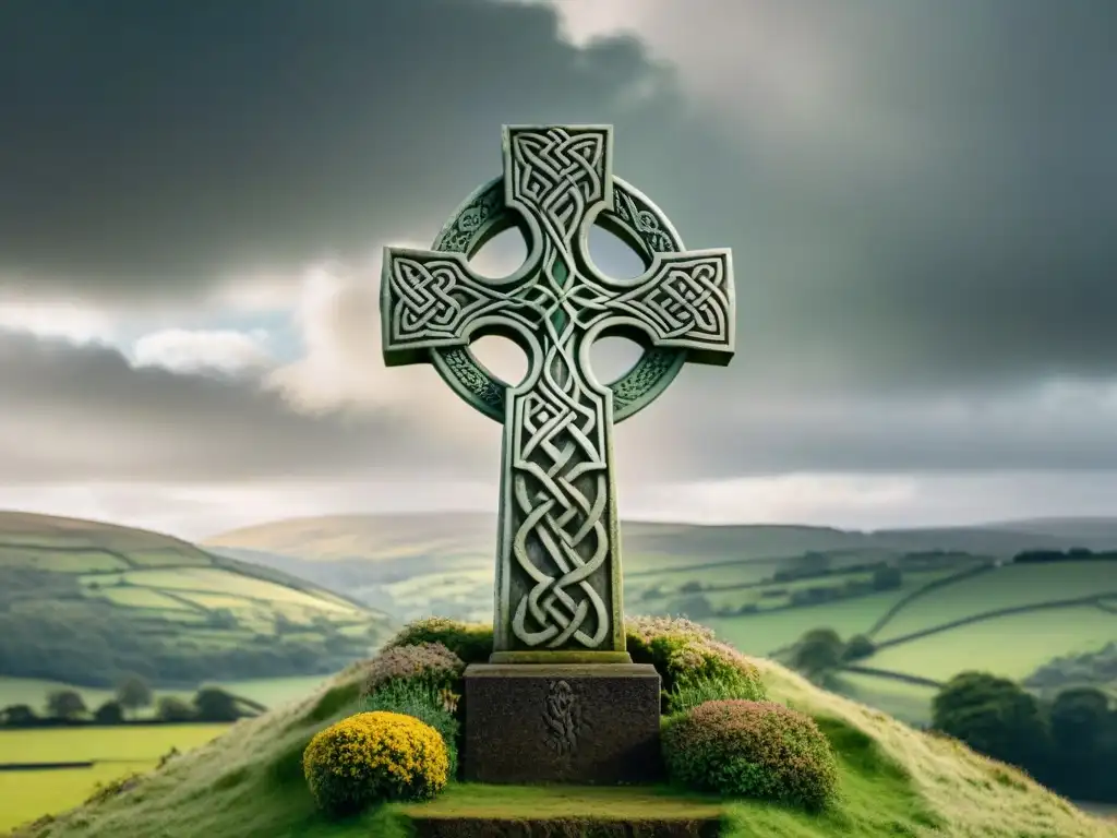 Imponente cruz celta de piedra en paisaje irlandés, fusionando símbolos paganos y cristianos