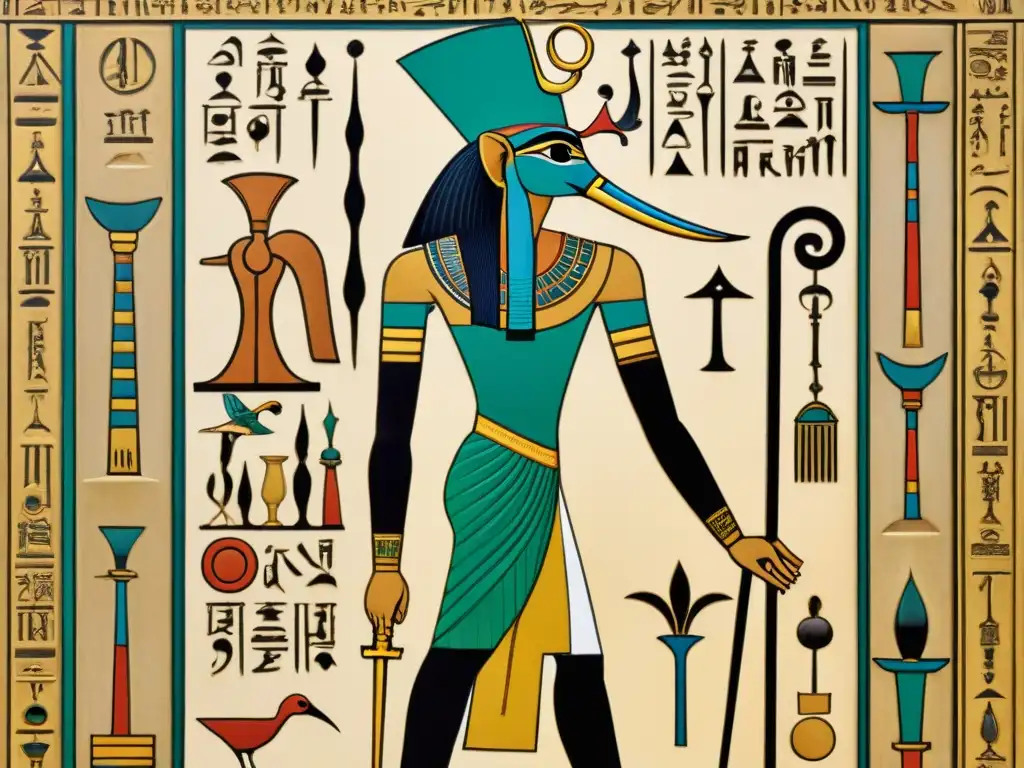 Imponente representación del dios egipcio Thoth, con el cuerpo de un hombre y la cabeza de un ibis, sosteniendo un pergamino y un anj