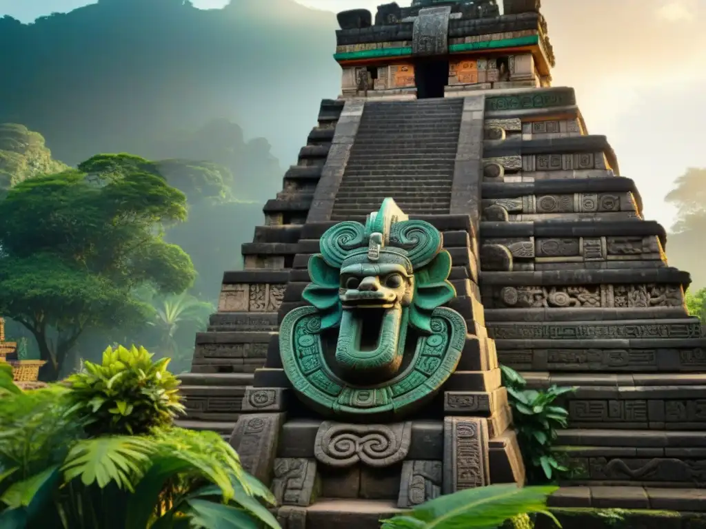 Imponente escultura de Quetzalcóatl rodeada de vegetación en ruinas mesoamericanas