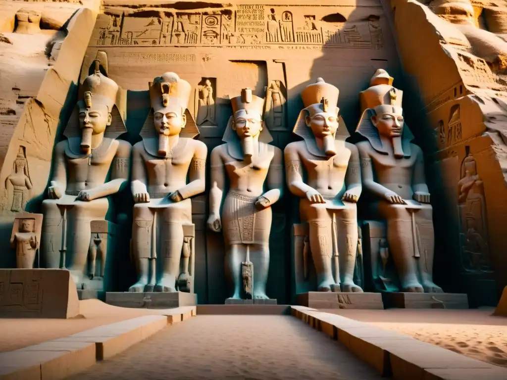 Imponente estatua de Ramsés II en el Gran Templo de Abu Simbel, legado de historia y grandeza egipcia