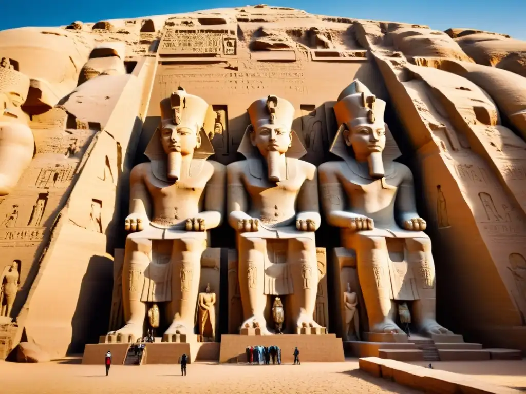 Imponente estatua de Ramsés II en Abu Simbel, resaltando sus jeroglíficos y escala colosal