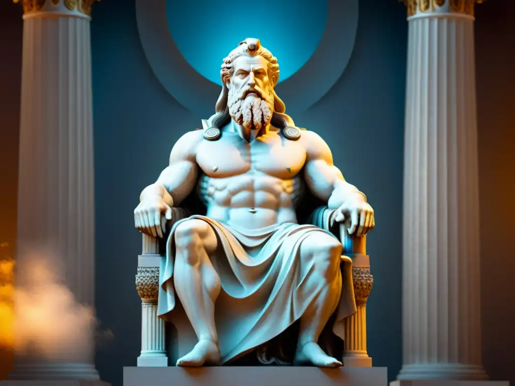 Imponente estatua de Zeus en Olimpia, destacando la majestuosidad y detalle de la escultura antigua