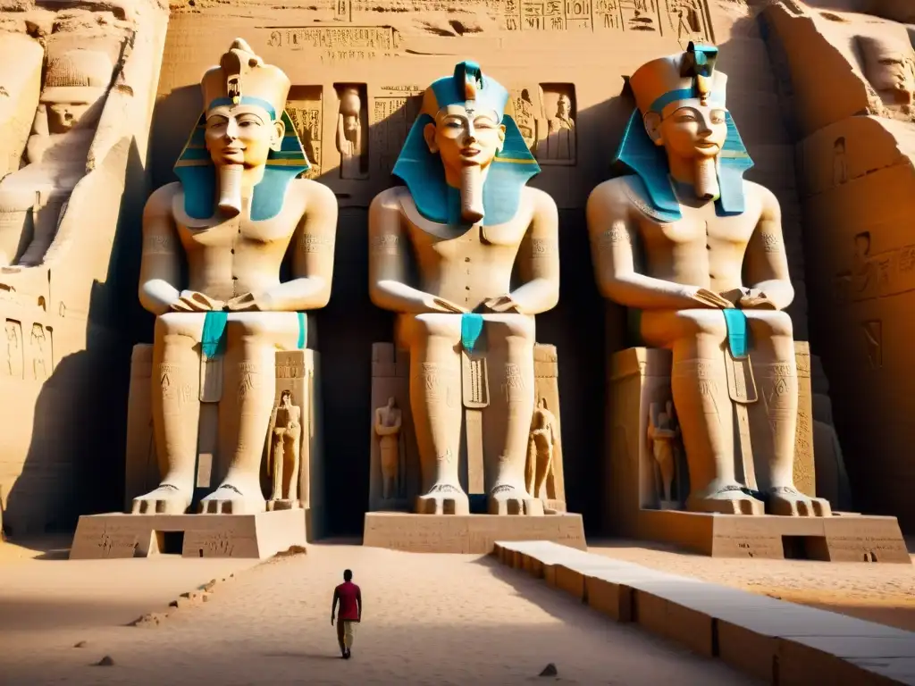 Imponente estatua de Ramsés el Grande en el Templo de Abu Simbel, historia y legado capturados en piedra al amanecer