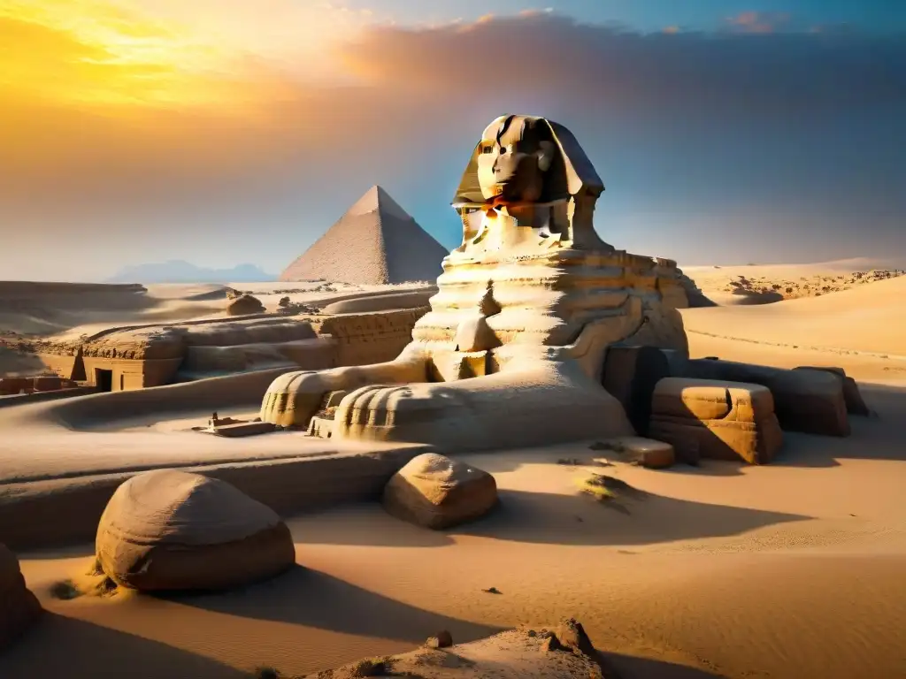 Imponente Gran Esfinge de Giza al atardecer, destacando sus detalles y expresión enigmática