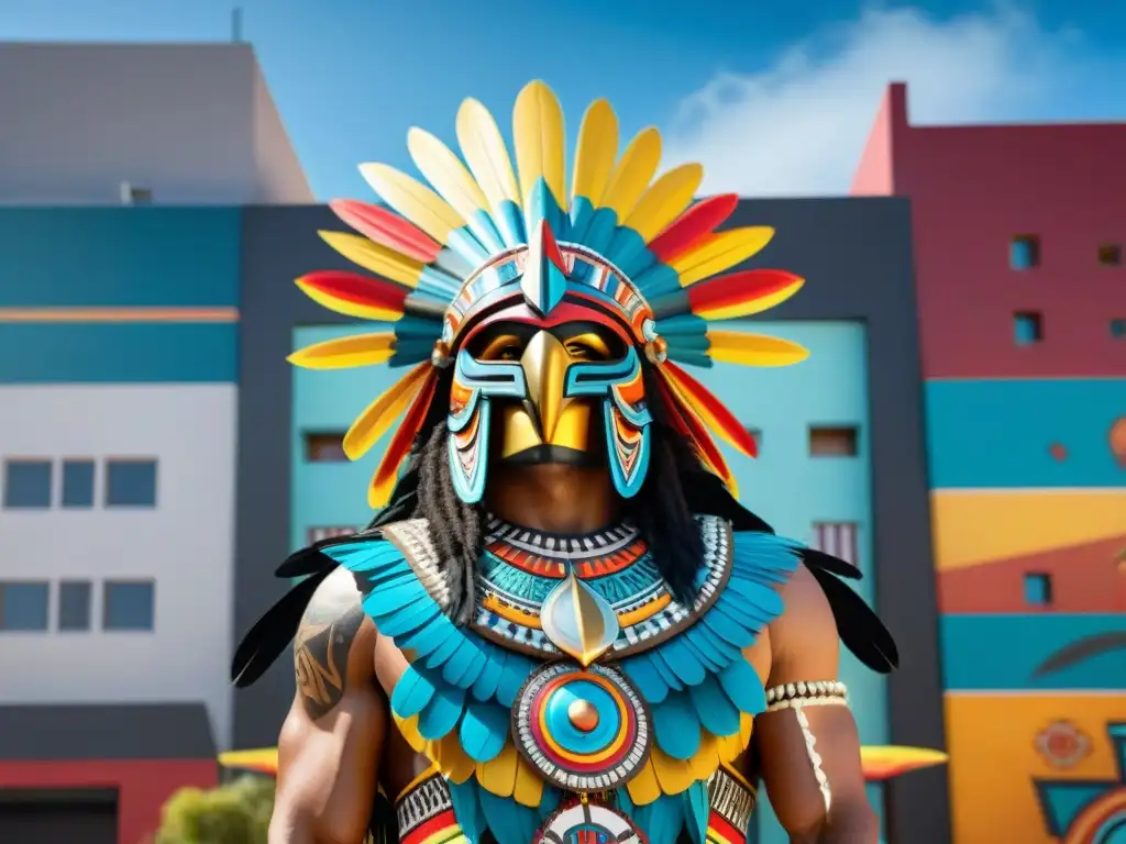 Imponente Guerrero Águila Azteca en mural urbano fusiona símbolos ancestrales con decoración moderna