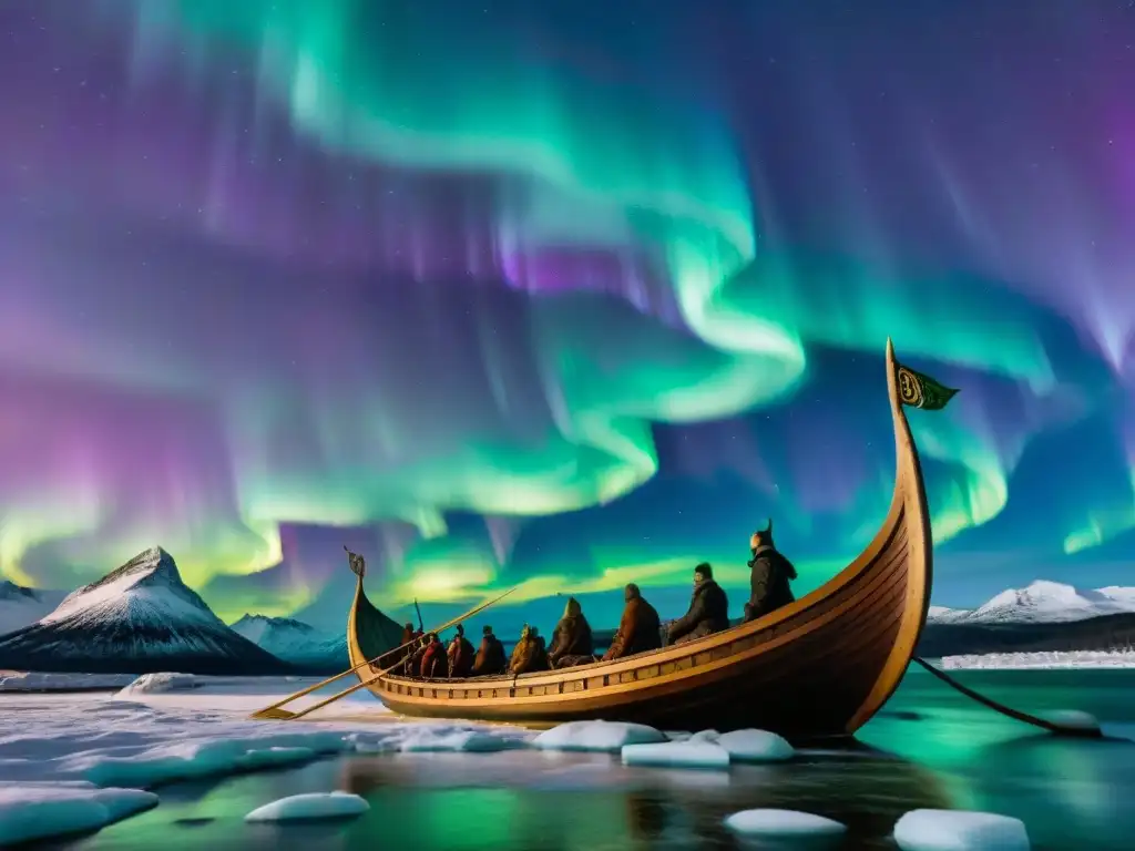 Imponente legado de exploración vikingos antiguos bajo la aurora boreal