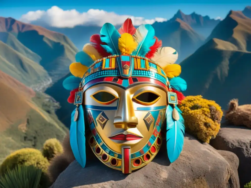 Imponente máscara funeraria Inca de oro y plata con plumas y patrones, junto a los Andes, simbolizando la vida, muerte y cosmología del Imperio Inca