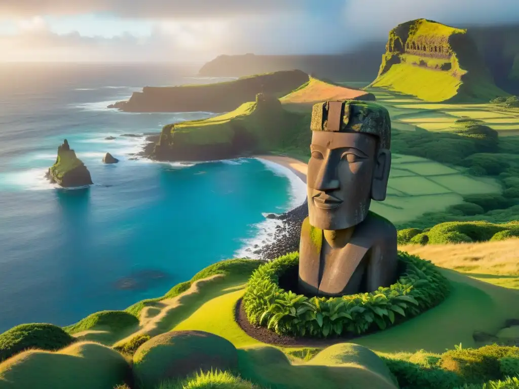 Imponente Moái al atardecer en Rapa Nui, entre la exuberante naturaleza y el misterio de los Secretos Moáis Rapa Nui