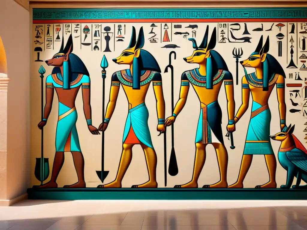 Imponente mural egipcio de Anubis con un halcón en su brazo, mostrando el poder de los Dioses Híbridos