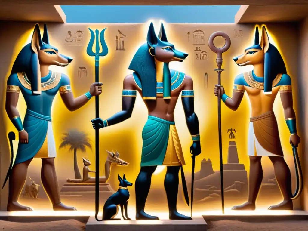 Imponente mural de Anubis y Osiris, dioses de la muerte Egipto, destacando en luz dorada