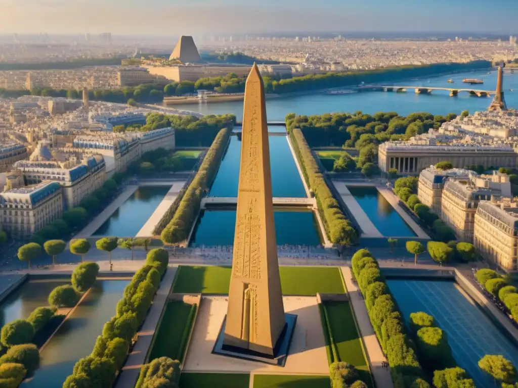 Imponente Obelisco de Luxor en París, hieroglíficos detallados bajo la luz cálida