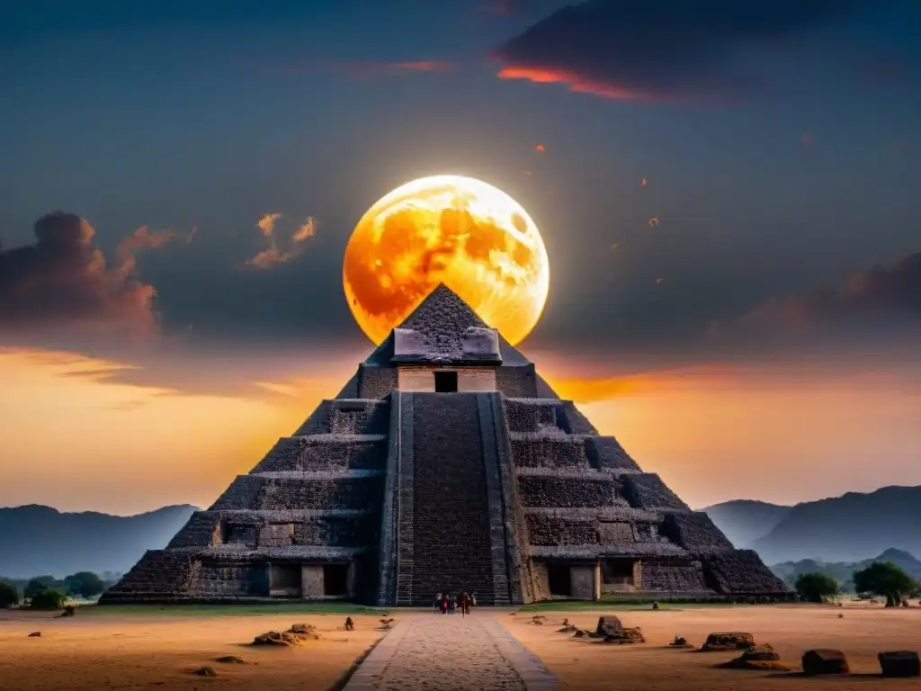 Imponente pirámide azteca durante un eclipse solar total, resaltando el significado astronómico de sacrificios aztecas