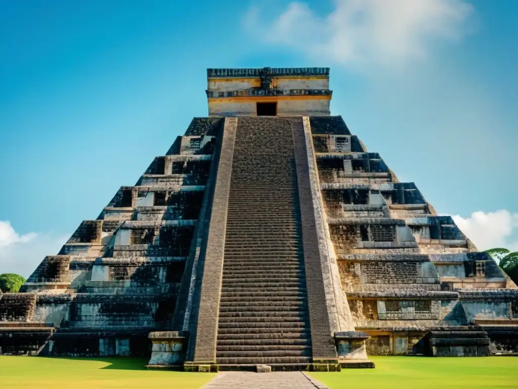 Imponente pirámide de Kukulkán en Chichén Itzá bajo el cielo azul