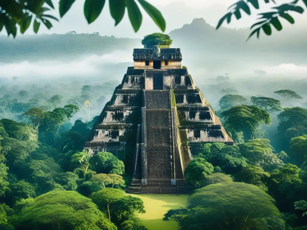 Imponente pirámide de piedra en la selva maya, revelando metrópolis ocultas y su rica historia