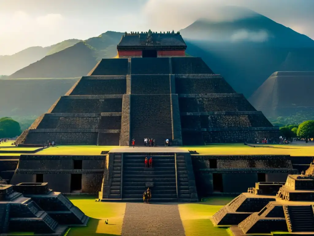 Imponente Pirámide del Sol en Teotihuacán, con detallados grabados de piedra y la luz del sol resaltando su grandeza