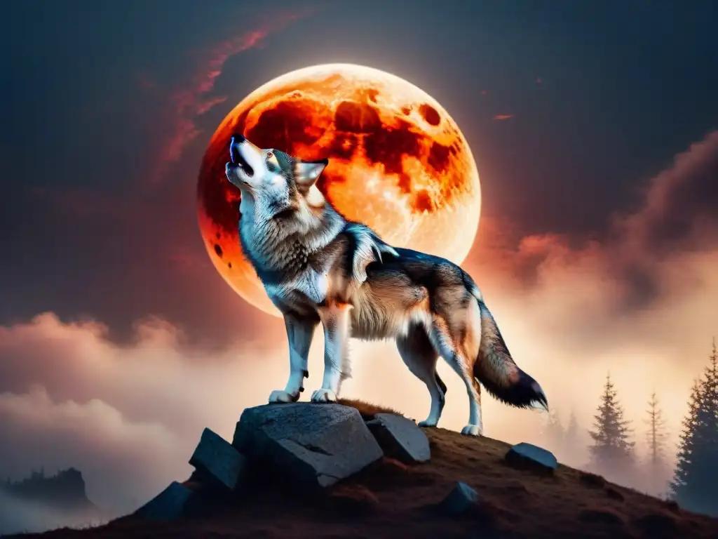 La imponente silueta del poderoso lobo Fenrir de la Mitología Nórdica en un eclipse lunar rojizo