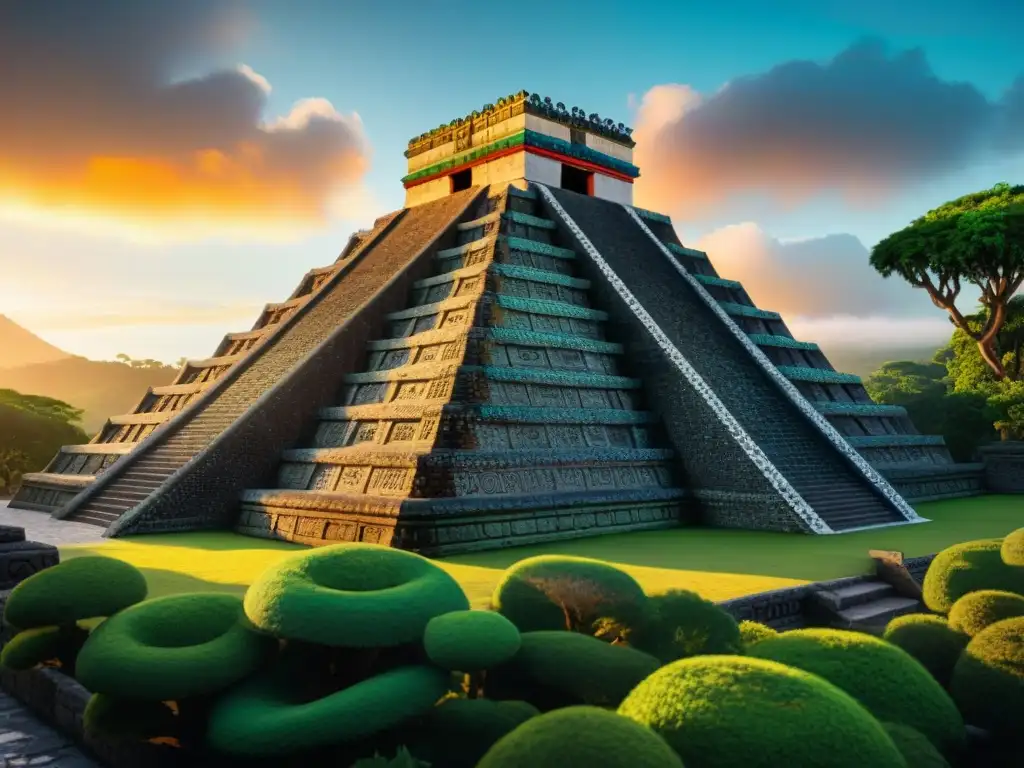 Imponente templo azteca de Quetzalcóatl en una vibrante puesta de sol, revelando misterios de Quetzalcóatl historia antigua