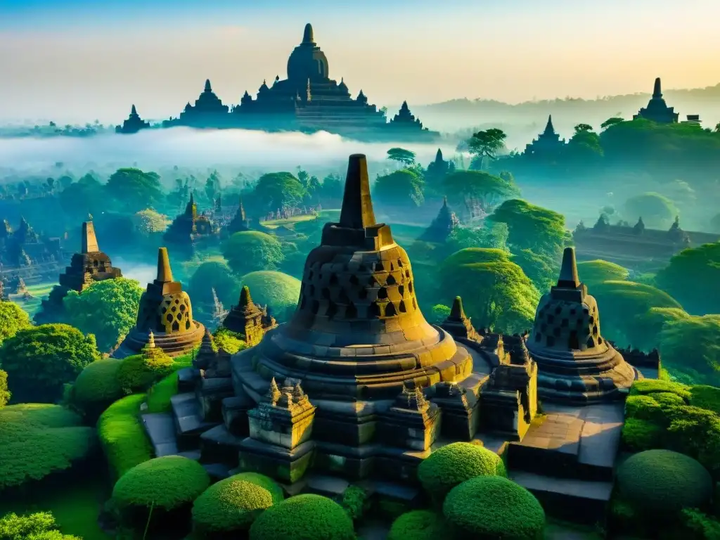 Imponente templo Borobudur en Indonesia, con detalles esculpidos y estupas sobre exuberante vegetación y cielo azul