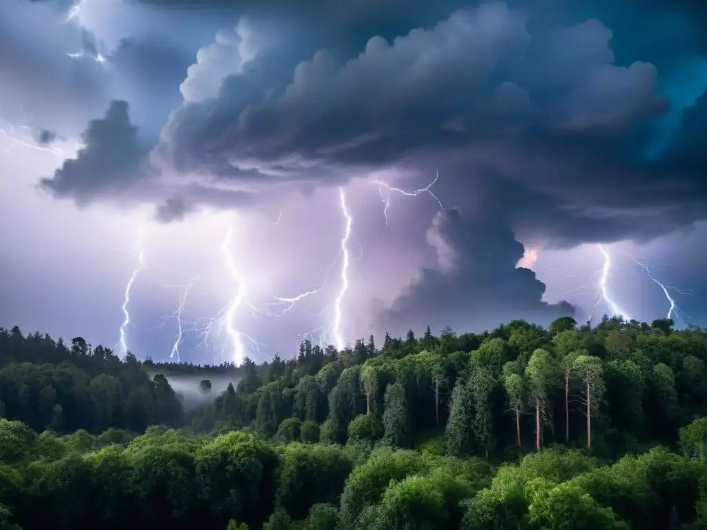 Imponente tormenta con nubes oscuras y rayos sobre un bosque denso, evocando el poder de la mitología eslava trueno Perun