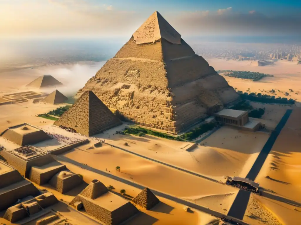 Imponente vista aérea en 8k de la Gran Pirámide de Giza resaltando la ingeniería avanzada y el paisaje desértico